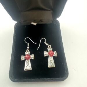 Red And Silver Dangling Cross Earrings